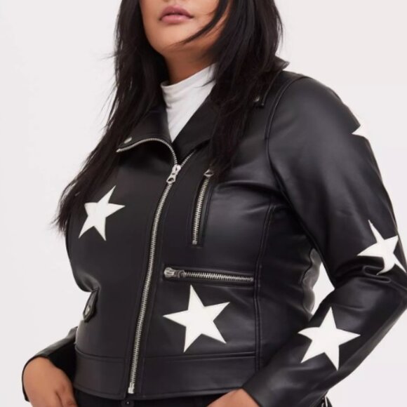 Black Faux Leather & White Star Moto Jacket - Picture 1 of 2